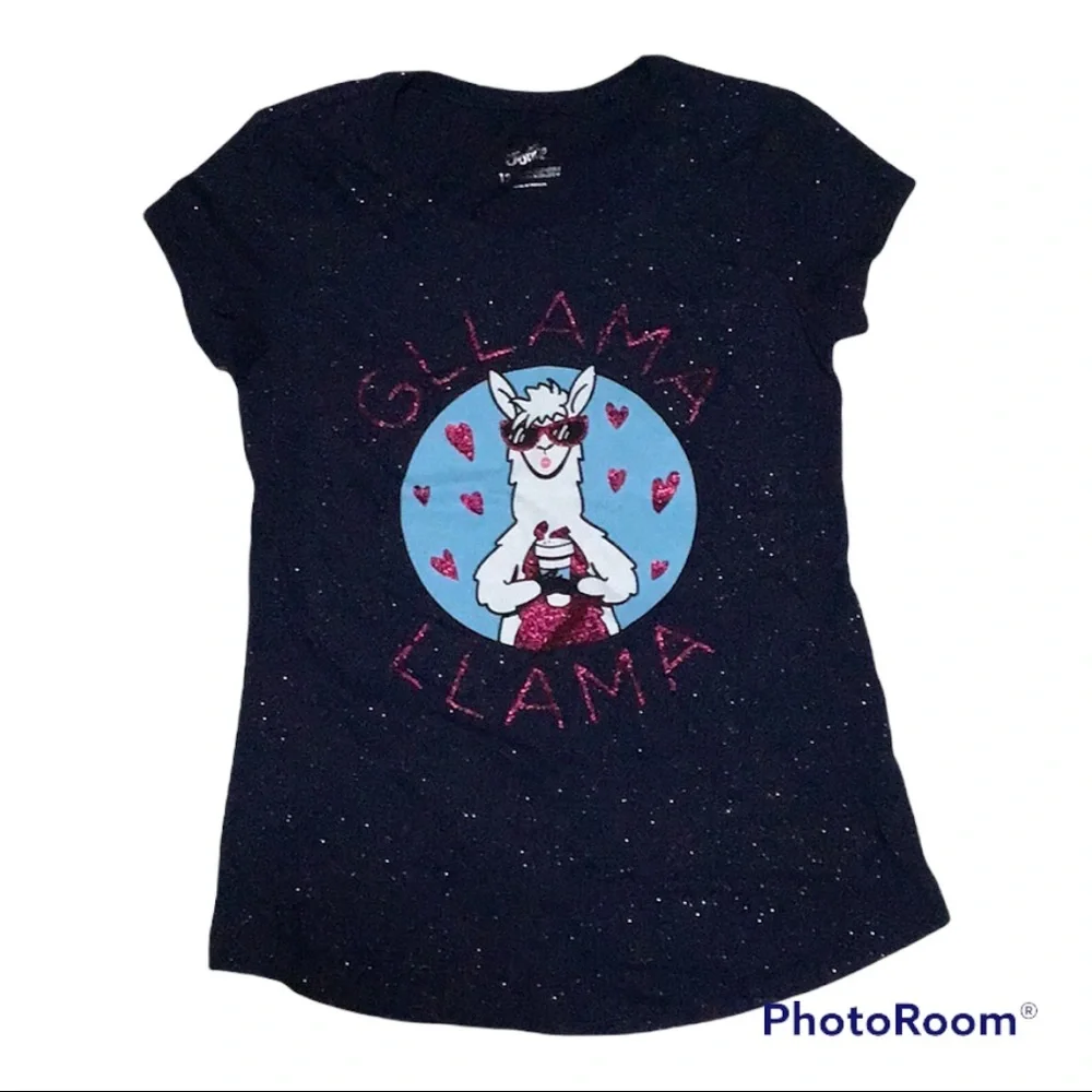 Justice Glamma Llama Navy Blue Pink Sunglasses Sparkly Graphic Tee Sz‎ 12…